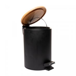 Lixeira-Redonda-de-Metal-com-Pedal-e-Tampa-em-Bambu-Preta-3L-Lyor